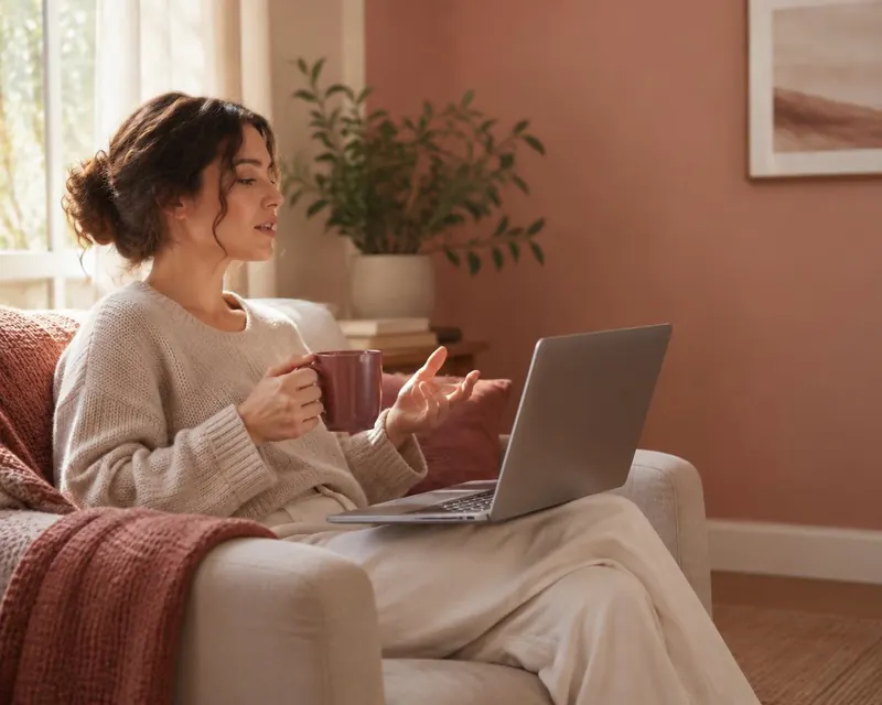 Mulher sentada em casa, com notebook e uma caneca de chá, conversando numa sessão de terapia online